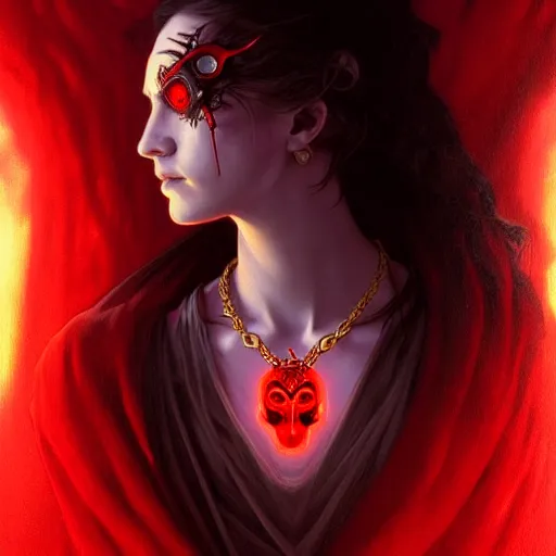 Image similar to Portrait of a young female necromancer with glowing red eyes wearing a necklace with bird skulls, epic dark fantasy, medium shot, intricate, elegant, highly detailed, digital painting, artstation, concept art, smooth, sharp focus, illustration, art by artgerm and greg rutkowski and alphonse mucha