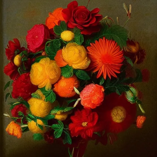 Image similar to lush floral bouquet in reds oranges yellows greens by rachel ruysch