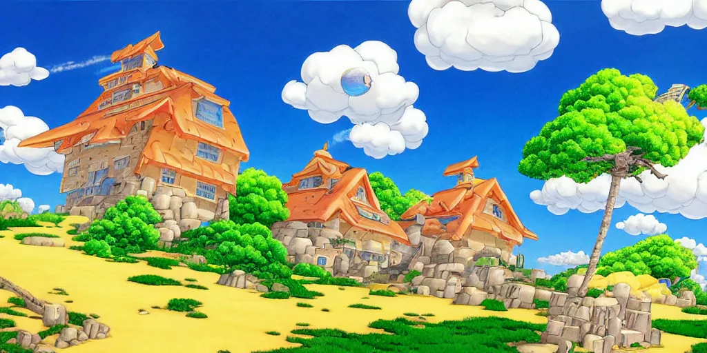 Prompt: Painting kame house cloud background art, official, detailed, dragonball, award winning artwork, Akira Toriyama