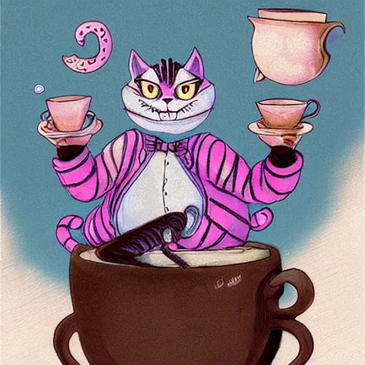 Image similar to cheshire cat drinking tea, by cory loftis, character art, art, very coherent, plain background, trending on artstation