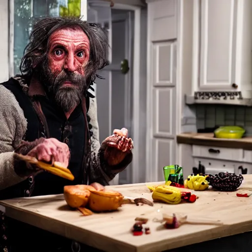 Prompt: british magical hobo breaks into some ork's kitchen and attacks them, 4 k, detailed, real life photo, sharp focus, photorealistic