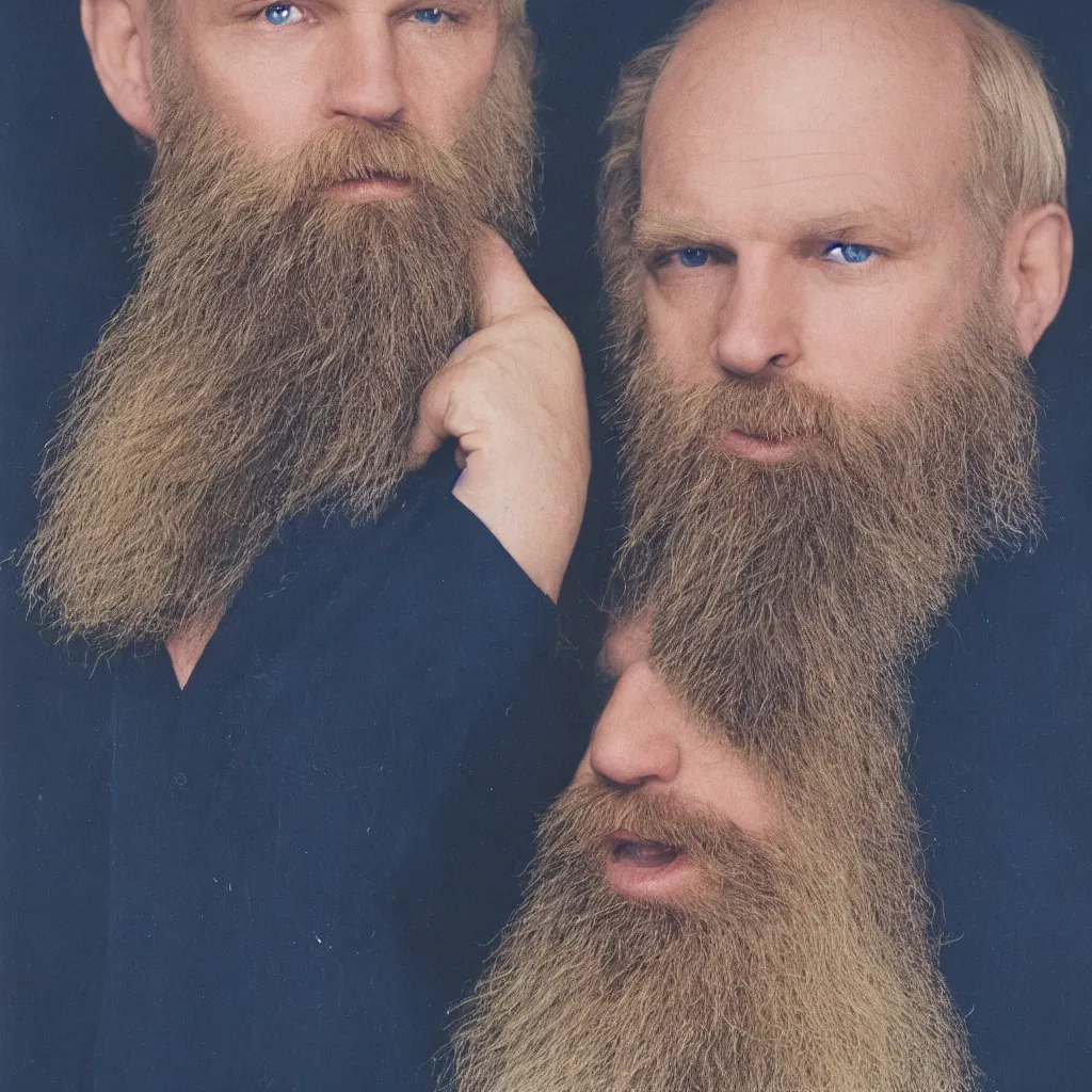 Image similar to color 35mm film still of a balding, middle aged blond man with a full blond beard and dark blue eyes, figure portrait