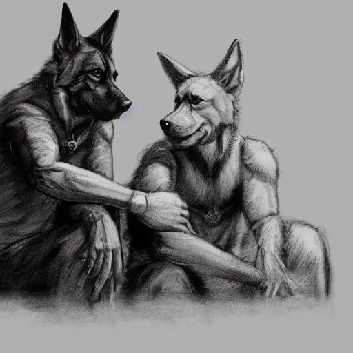 Image similar to two humanoid german shepherds beast - men, sitting on a couch and hugging together, artstation, concept art, smooth, sharp foccus ilustration, artstation