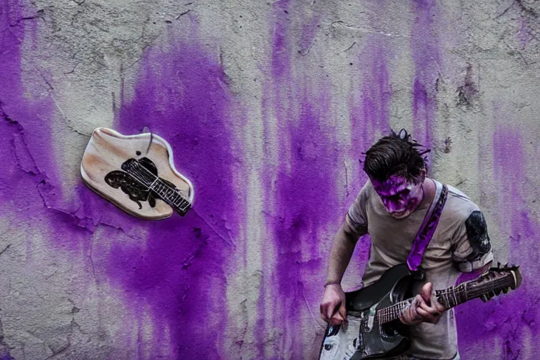 Image similar to dripping purple faded paint across the shape of a human playing guitar, realistic, extremely detailed, coming out of the cyberpunk wall
