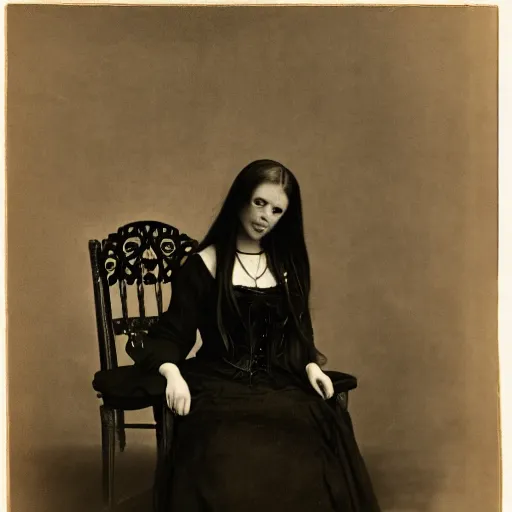 Image similar to photo, young woman, sitting on chair, gothic clothes