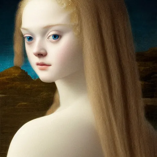 Prompt: Painting of Elle Fanning in the Bermuda Triangle, long blonde hair, delicate, pale milky white porcelain skin, by da Vinci. 8K. Extremely detailed.
