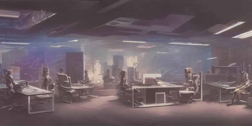 Image similar to a dystopian cyberpunk office interior with huge holographic displays everywhere, ralph maquarrie and syd mead cinematic matte painting, 4 k