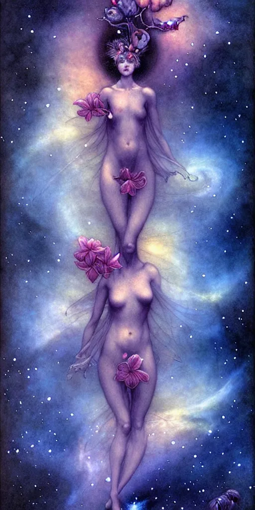 Image similar to tropical flowers, night sky background, nebula, beautiful! coherent! by brom, by brian froud, deep color, strong line, high contrast