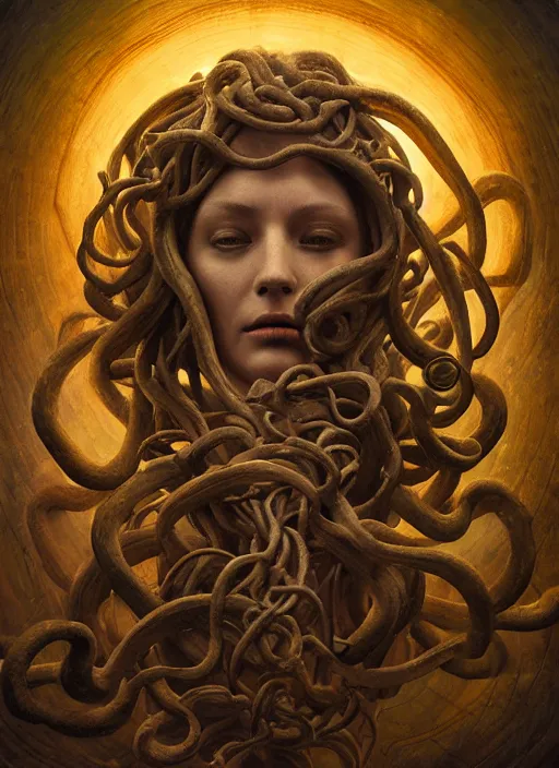 Image similar to medusa made of wax, wooden art nouveau swirls, strong subsurface scattering, cables, tubes, subsurface scattering, in the style of ruan jia and tomasz alen kopera and giger, subsurface scattering, mystical colors, rim light, dramatic lighting, 8 k, stunning scene, raytracing, octane render, trending on artstation
