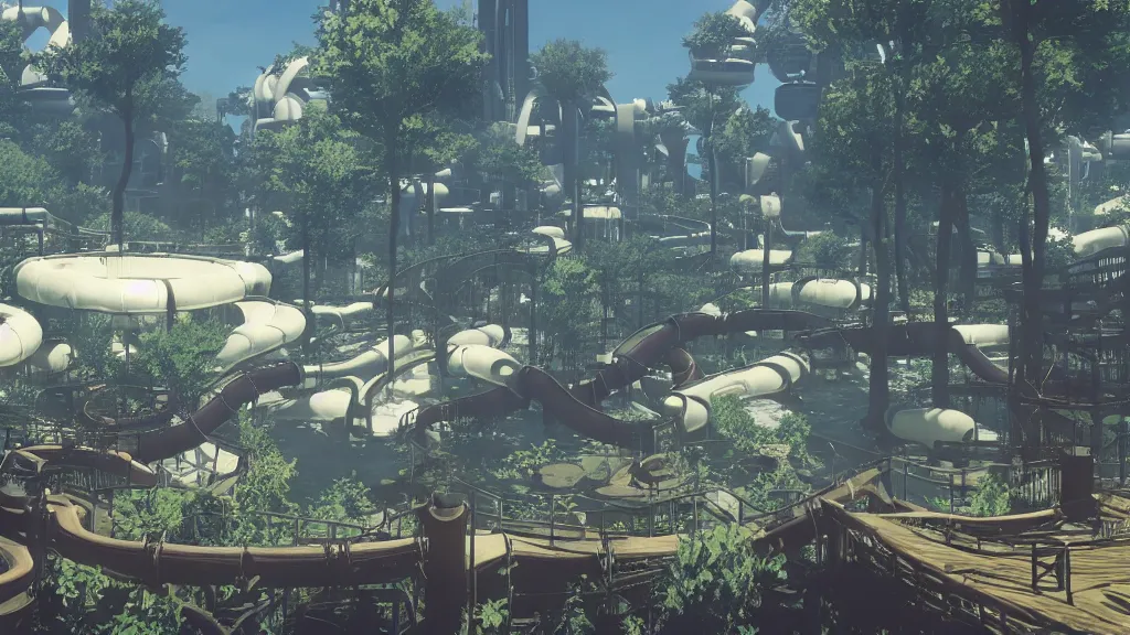 Image similar to Screenshot from Nier Automata, beautiful landscape at a water park