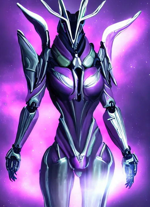 Prompt: cinematic close shot, galactic sized proportional stunning beautiful hot female warframe, sleek mecha goddess dragon head, metal ears, led purple eyes, smooth fuschia skin, smooth silver armor, floating in space, holding a galaxy, epic proportions, epic size, epic detail, furry art, dragon art, giantess art, warframe fanart, furaffinity, octane