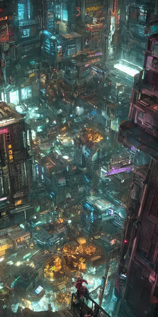Image similar to a cyberpunk under-dweller in a sprawling hive city with a robotic arm and ultraviolet tattoos, Koji Morimoto, Akira, Warhammer 40,000, Necromunda, rendered in unreal engine 3D, octane render, volumetric lighting, anti aliasing, clean linework