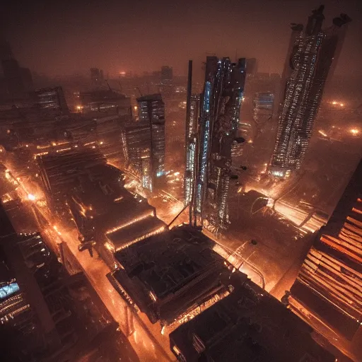 Image similar to aerial shot of the impressive dystopian cyberpunk city at night during amazing storm