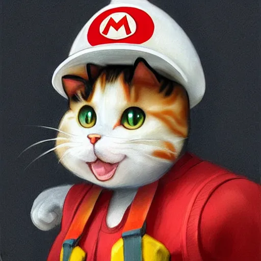 Image similar to Portrait of a Cat dressed as Super Mario, Mario hat, kawaii aesthetic, nintendo, highly detailed, digital painting, artstation, concept art, smooth, sharp focus, illustration, art by artgerm and greg rutkowski and alphonse mucha