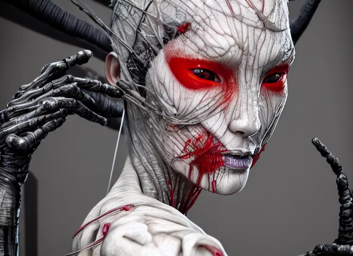 Image similar to mid shot portrait of a geisha ninja with transparent skin, visible muscle and bones and veins and nerves, david cronenberg, hyperrealism, detailed textures, photorealistic 3 d cyberpunk apocalyptic city, futuristic clothing and helmet, ultra realistic, cinematic, intricate, cinematic light, unreal engine 8 k, octane render, unreal engine by david kostic and stanley lau and artgerm