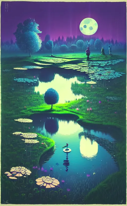 Prompt: ( ( ( gediminas pranckevicius ) ) ), a pond in the forest, moonlight, flower garden summer morning, very coherent and colorful high contrast art by simon stalenhag james gilleard floralpunk screen printing woodblock, dark shadows, pastel color, hard lighting