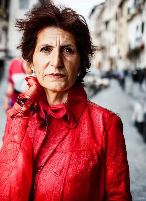 Image similar to color Close-up portrait of a beautiful 40-year-old Italian woman, wearing a red outfit, candid street portrait in the style of Martin Schoeller award winning, Sony a7R