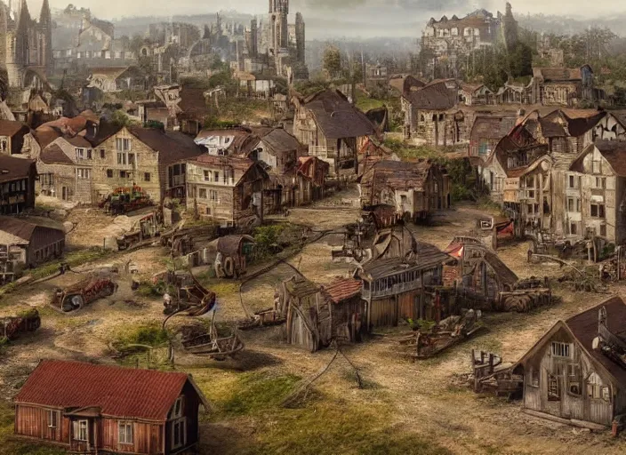 Prompt: realistic photo of a town, settlement, buildings, detailed scenery, gothic time period