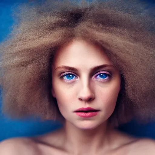 Image similar to a vivid portrait of a female with beautiful hair, light skin, and big blue eyes, soft cinematic lighting, shallow depth of field, photograph by annie leibovitz, 4k