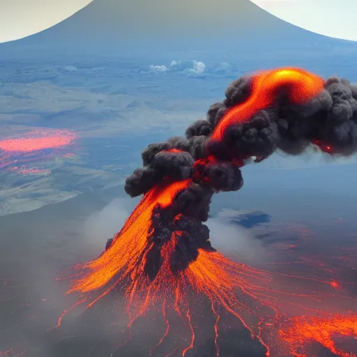 Prompt: spectacular aerial view of volcano eruption, photorealistic, ultra - detailed, 4 k high resolution, hdr shot, unreal engine rendering 4 k