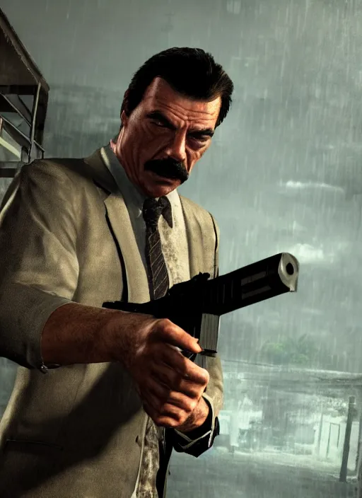Image similar to film still of tom selleck as max payne in max payne 3, gameplay, 8 k, hd