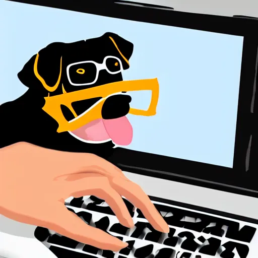 Prompt: Rottweiler wearing glasses while using a desktop computer, digital art