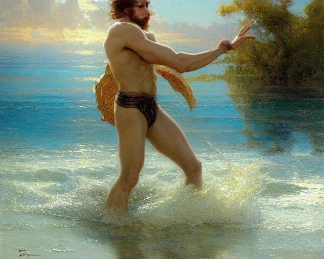 Image similar to attractive male wizard casting powerful wave water spell in a beautiful lake. highly detailed painting by gaston bussiere, craig mullins, j. c. leyendecker 8 k