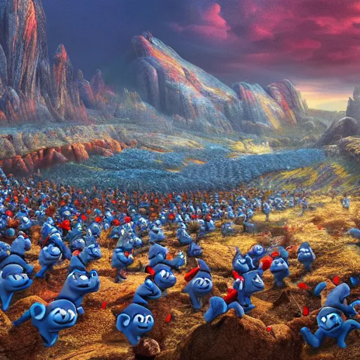 Image similar to hundreds of blue smurfs fighting hundreds of red smurfs with medieval weapons battling on an epic battlefield with a desolate rocky plateau, moon shining golden light, miniaturecore, supremely digital, medieval, pixar render, super detailed, outstanding detail, dreamlike lighting, god rays