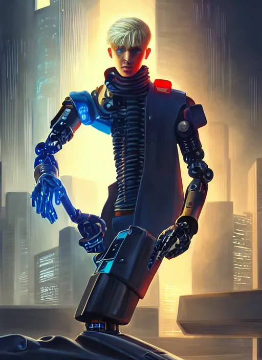 Prompt: photo of cyberpunk blonde male teenager fighting a robot in the style of stefan kostic, realistic, sharp focus, 8 k high definition, insanely detailed, intricate, elegant, art by stanley lau and artgerm