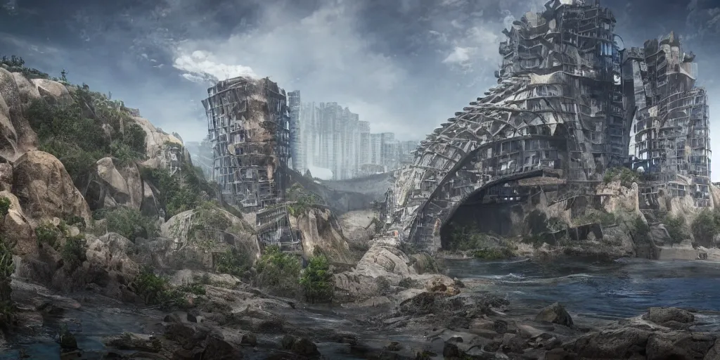 Prompt: a community with great power living in brutalistic architecture build of sandstone inside a huge vertical mountain in the center of the ocean, where center tower is connected to other towers through big bridges with cities build on those bridges, unreal 5, hyper realistic, realistic, photorealistic, dynamic lighting, highly detailed, cinematic landscape, studio landscape, studio lighting