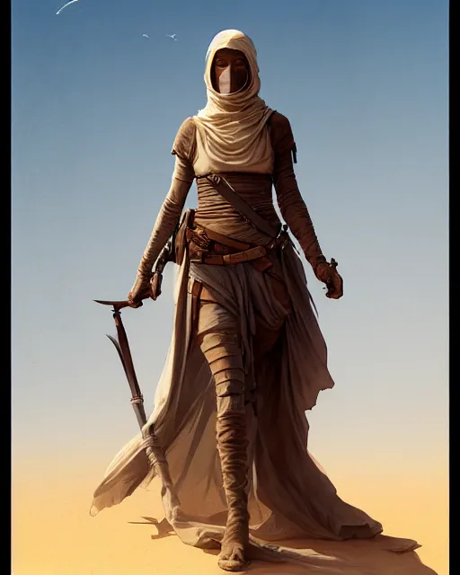 Image similar to female desert stalker, middle ages, lonely rider, covered head, full body | | realistic shaded, fine details, realistic shaded lighting poster by greg rutkowski, diego gisbert llorens, magali villeneuve, artgerm, jeremy lipkin and rob rey