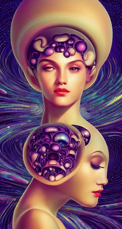 Prompt: art deco close up portait of mushroom head surrounded by spheres, like a dream digital painting cinematic dramatic fluid lines otherworldly vaporwave interesting details rule of thirds epic composition by artgerm