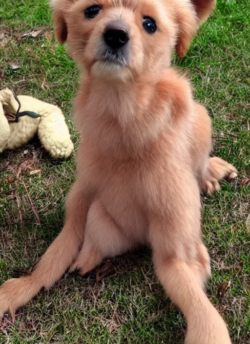 Image similar to genetic combination of a dog, a praying mantis, and a teddy bear. insectoid puppy. iridescent pink fur, big red eyes, mantis claws