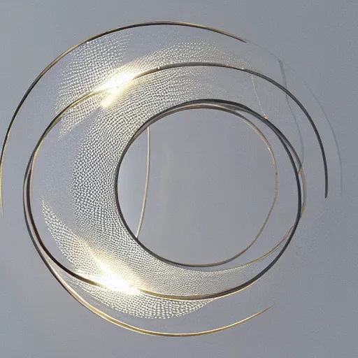 Image similar to a sculpture of three concentric rings made of clear crystal casting caustics on a white table morning light