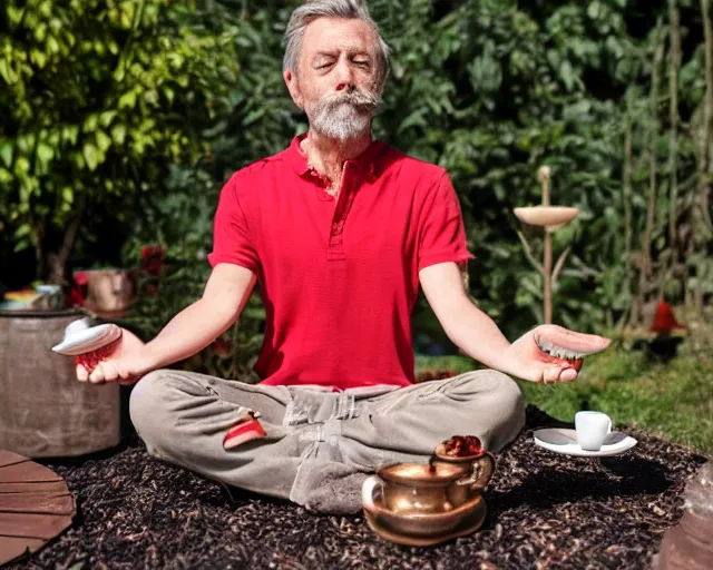 Image similar to mr robert is drinking fresh tea, smoke pot and meditate in a garden from spiral mug, detailed glad face, power arms, golden hour closeup photo, red elegant shirt, eyes wide open, ymmm and that smell