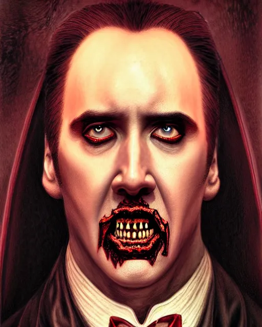 Prompt: nicolas cage as dracula, demonic, highly detailed, centered, artstation, concept art, smooth, sharp focus, illustration, bokeh art by artgerm and donato giancola and joseph christian leyendecker