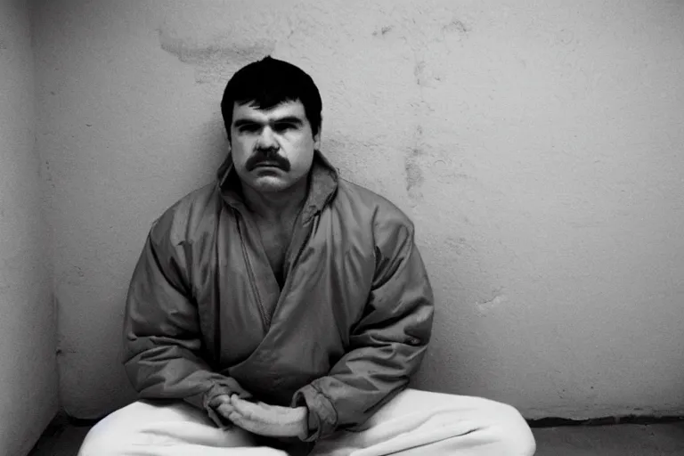 Prompt: el chapo is meditating in the middle of a prison cell. the prison cell has plenty of hot latina babes. meditation. 35 mm