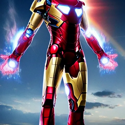 Image similar to promotional image of Tom Holland as Iron Man in Iron Man（2008）, he wears Iron Man armor without his face, movie still frame, promotional image, imax 70 mm footage