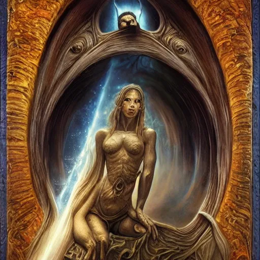 Prompt: The portal master tarot card by Tomasz Alen Kopera and Salvador Dali, impressive perspective, masterpiece
