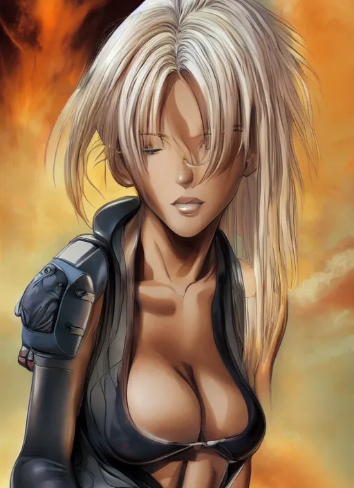 Prompt: Frontal portrait of a very beautiful muscular anime girl with tanned skin and cream colored hair, watercolor, digital painting, art by Shirow Masamune Kenichi Sonoda Ilya Kuvshinov Moebius and Katsuhiro Otomo, cyberpunk, high quality, pretty anime girl