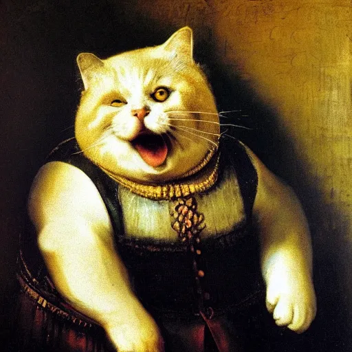 Prompt: smiling fat cat by Rembrandt