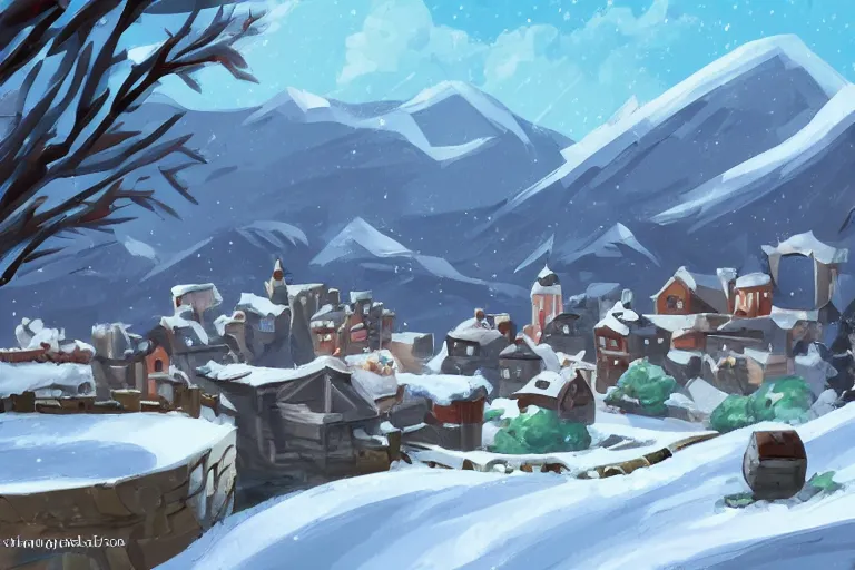 Prompt: snowy Landscape and a village in the background in the style of Pokemon Sword and shild