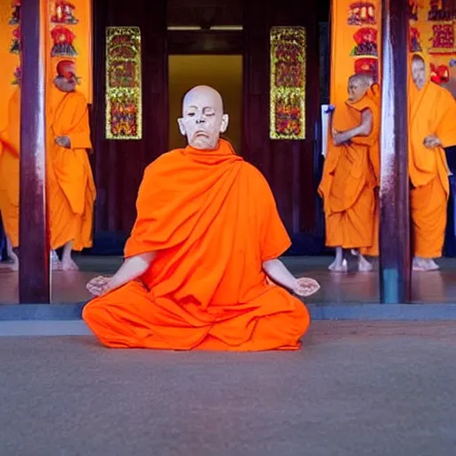 Image similar to donald trump!!!!!, dressed in orange monk's robes, quietly meditating in a buddhist temple