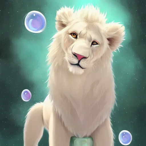 Image similar to aesthetic portrait commission of a albino male furry anthro lion cub popping floating bubbles while wearing a cute mint colored cozy soft pastel winter outfit, winter Atmosphere. Character design by charlie bowater, ross tran, artgerm, and makoto shinkai, detailed, inked, western comic book art, 2021 award winning painting