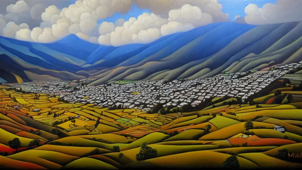 Image similar to Nuclear Nature valley blends with the City of Quito Ecuador; by Oswaldo Moncayo; oil on canvas;