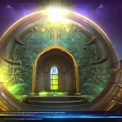 Prompt: an enormous portal with energy surface that has a golden frame that has trims of green and blue gemstones attached, highly realistic Unreal Engine