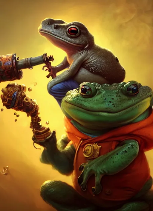 Image similar to cute toad smoking a pipe with colored smoke, subsurface scattering, by jesper ejsing, justin gerard, tomasz alen kopera, cgsociety and fenghua zhong, highly detailed, rim light, cinematic lighting, illustration, art, octane render, very coherent, cinematic, hyper realism, high detail, octane render, 8 k