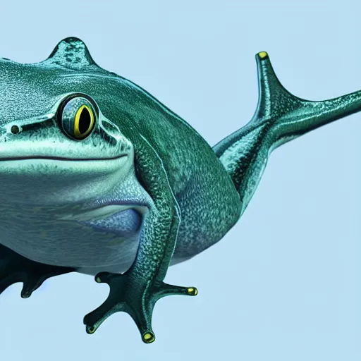 Image similar to hybrid of frog whale swimming in ocean, extremely detailed raytracing, vray, 5 5 mm