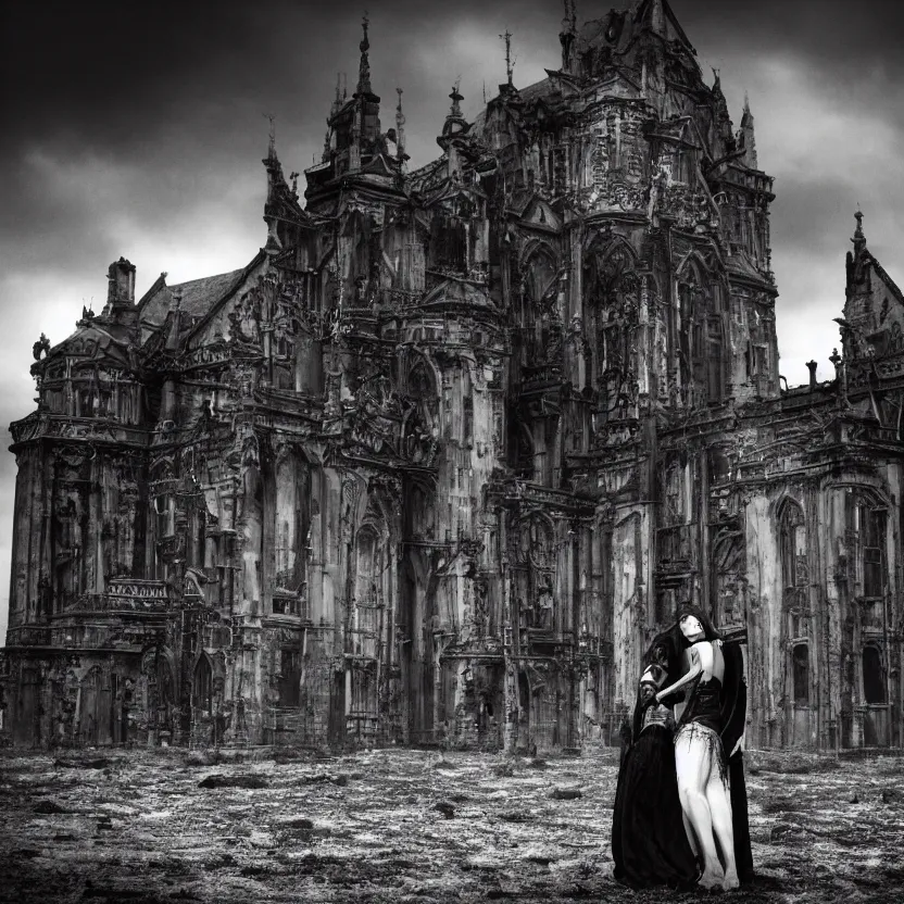 Image similar to A Gothic couple of jewels in an empty land, dark romance, dark and mysterious, atmospheric, ominous, eerie, cinematic, Epic, 8k, 4k, ultra detail, ultra realistic, rendered by awesomeness