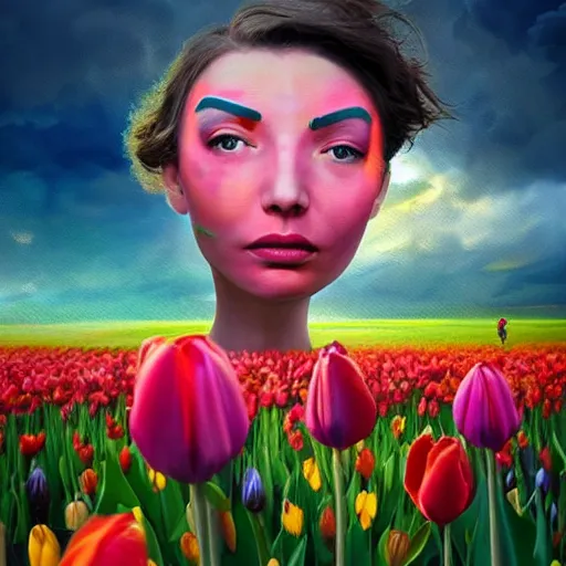 Image similar to large tulip face, girl frontal in a flower field, surreal photography, sunrise dramatic light, impressionist painting, colorful clouds, digital painting, artstation, simon stalenhag, flower face